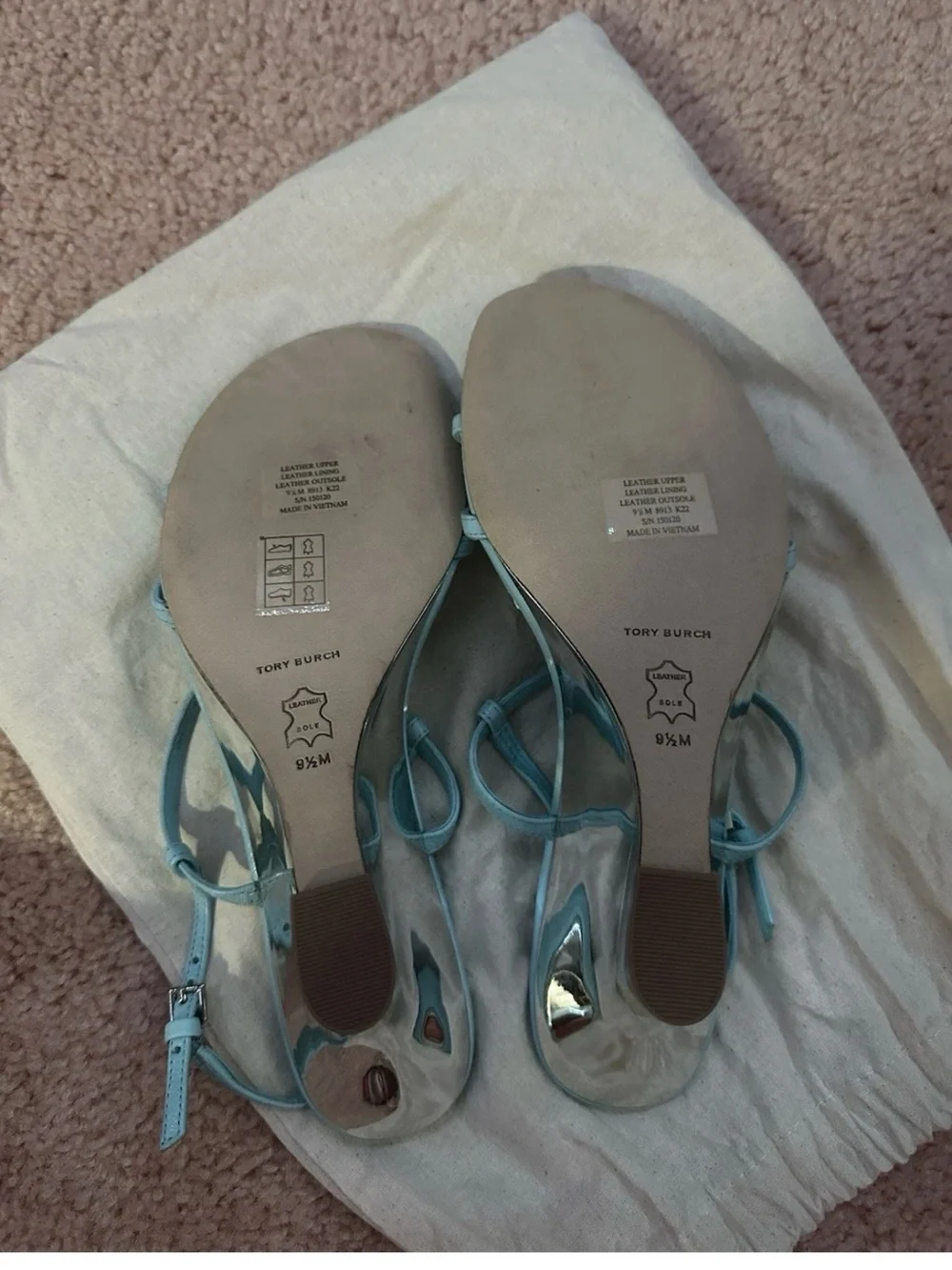 Tory Burch Light Blue Strappy Wedge Sandals with Silver Logo
